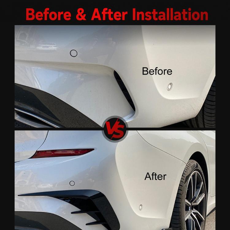 Rear window knife fin trim installed on car, before-and-after view