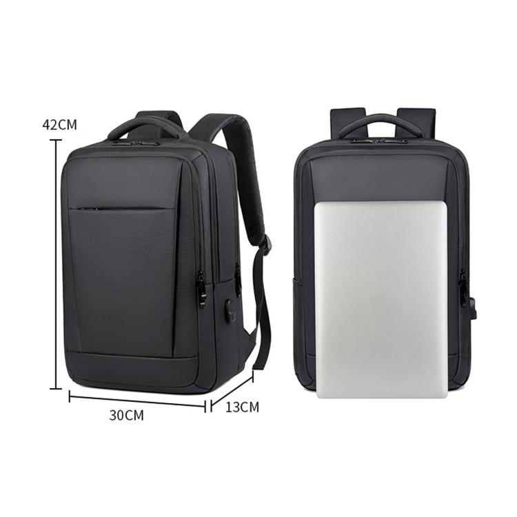 Black laptop backpack with dimensions shown: 30cm wide, 42cm high