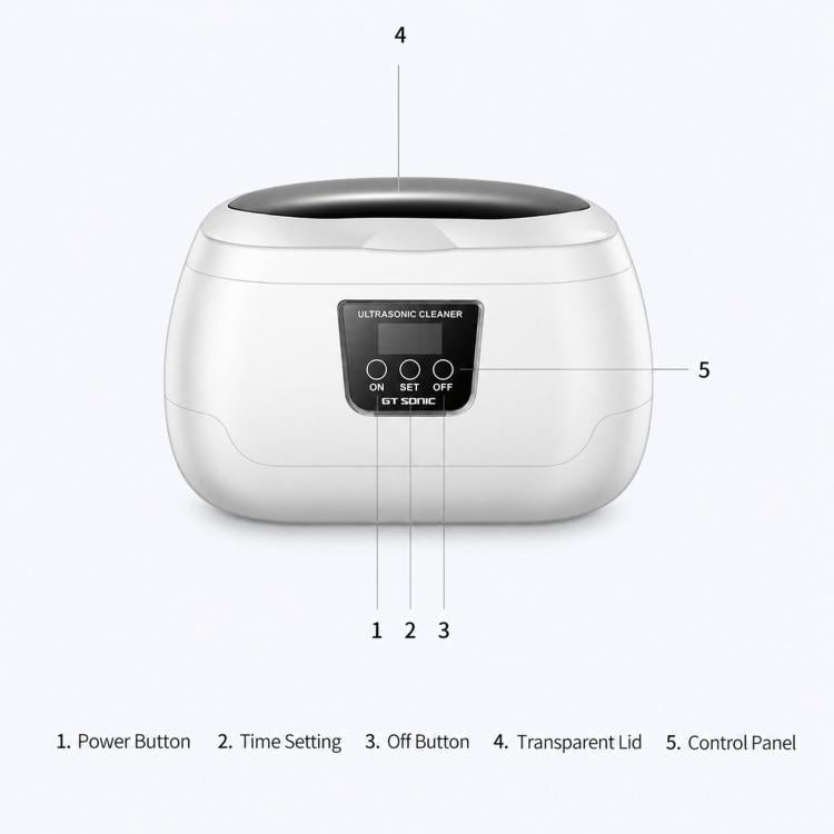 White ultrasonic cleaner front view with control panel and transparent lid
