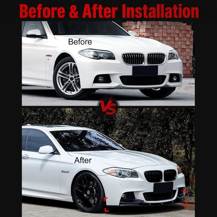 BMW front bumper lip and corner trim before-and-after on white car, dark finish