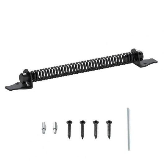 Black self-closing gate spring assembly with mounting brackets, screws, and rod