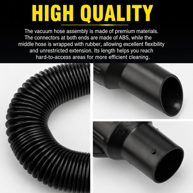 Close-up of black ribbed vacuum hose and ABS end connector