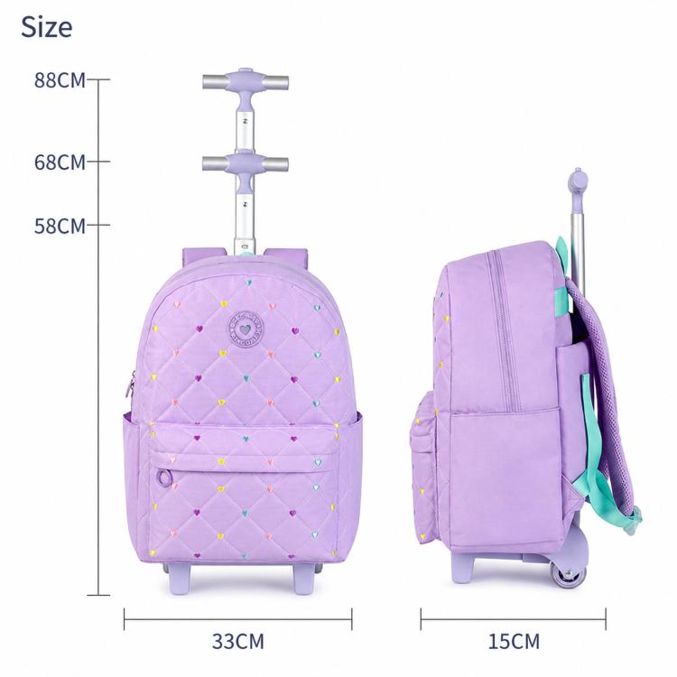 Purple quilted kids rolling backpack with heart pattern, wheels, and telescoping handle