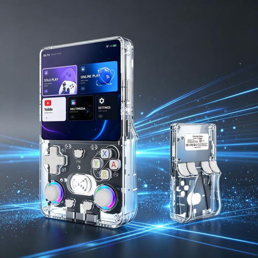 Clear/transparent retro handheld game console with dual joysticks and 4.2-inch screen