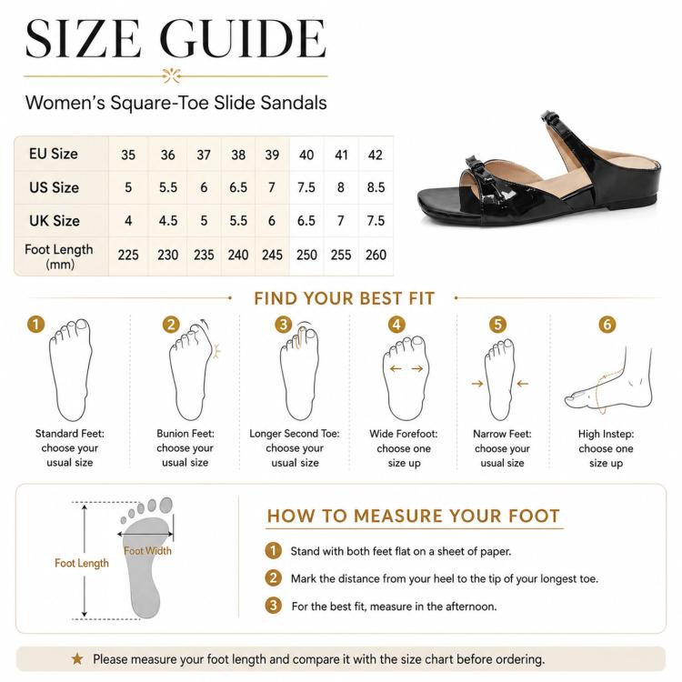 Size guide chart for women’s square-toe slide sandals, EU to US UK sizing