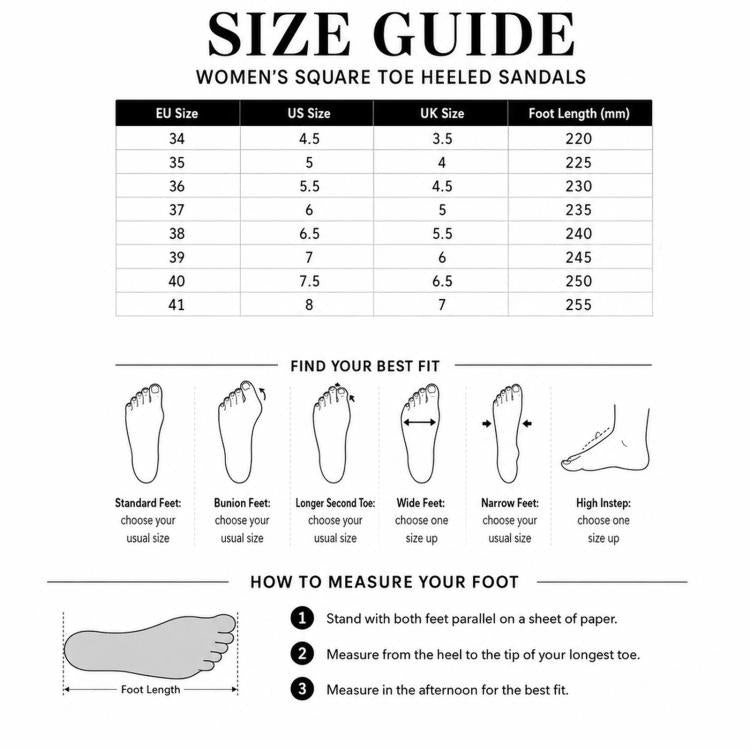 Women’s square toe heeled sandals size guide chart with EU, US, and UK sizing