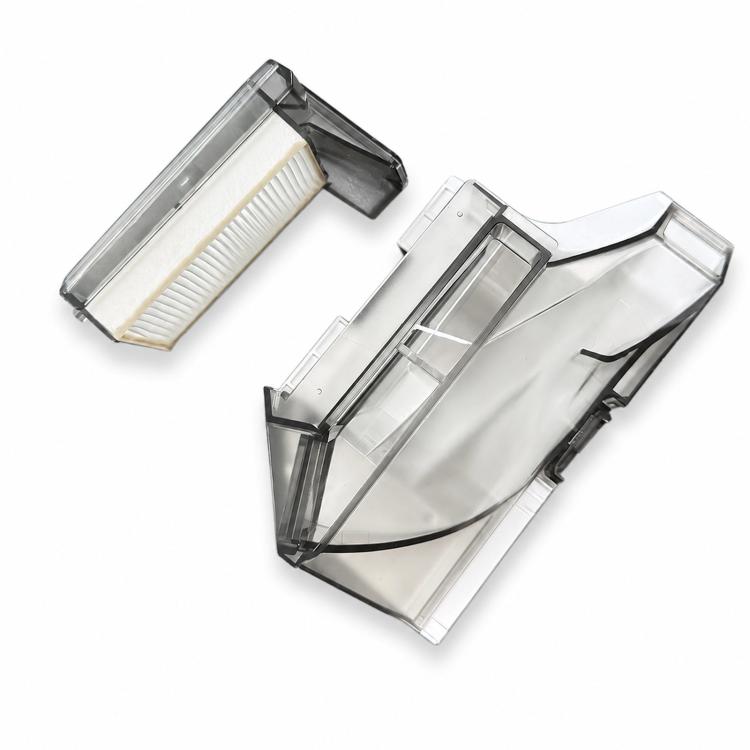 Robot vacuum dust bin and filter parts, clear bin with white pleated filter
