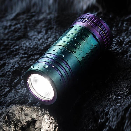 Mini rechargeable LED keychain flashlight, teal body with purple accents and front lens