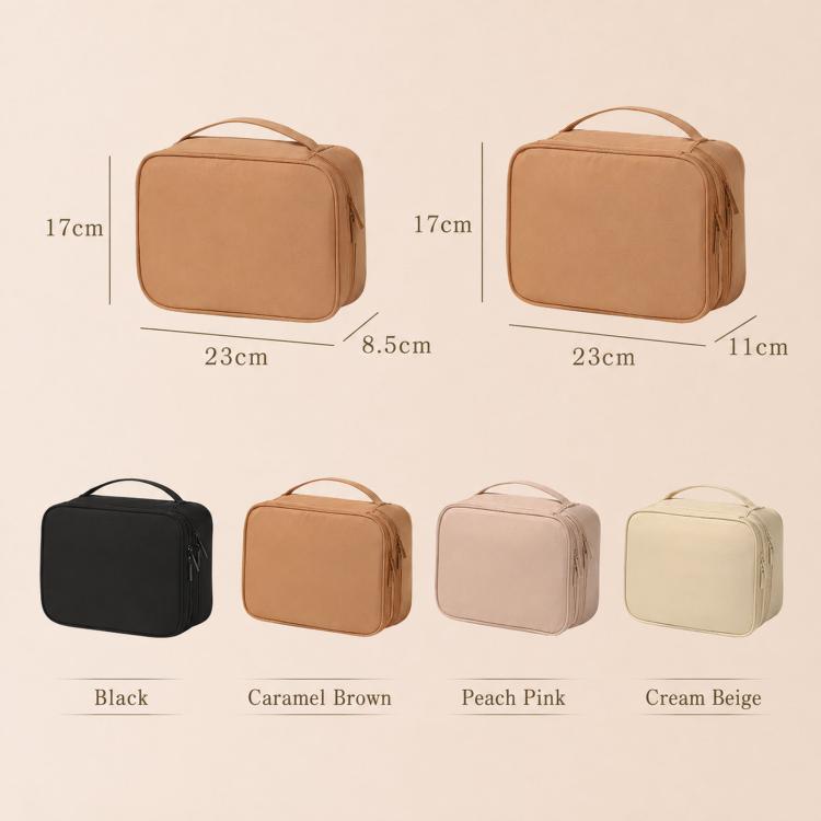 Travel makeup bag size chart with black, caramel brown, peach pink, and cream beige