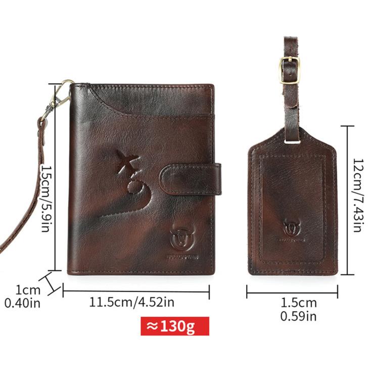 Brown leather passport holder with luggage tag, embossed aircraft emblem