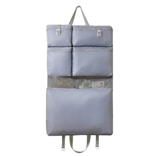 Hanging travel clothes organizer bag, gray with multiple padded compartments and straps