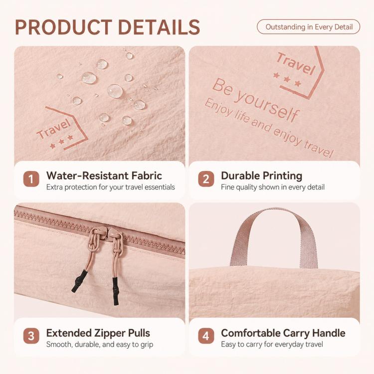 Pink packing cubes set features: water-resistant fabric, zippers, and carry handle