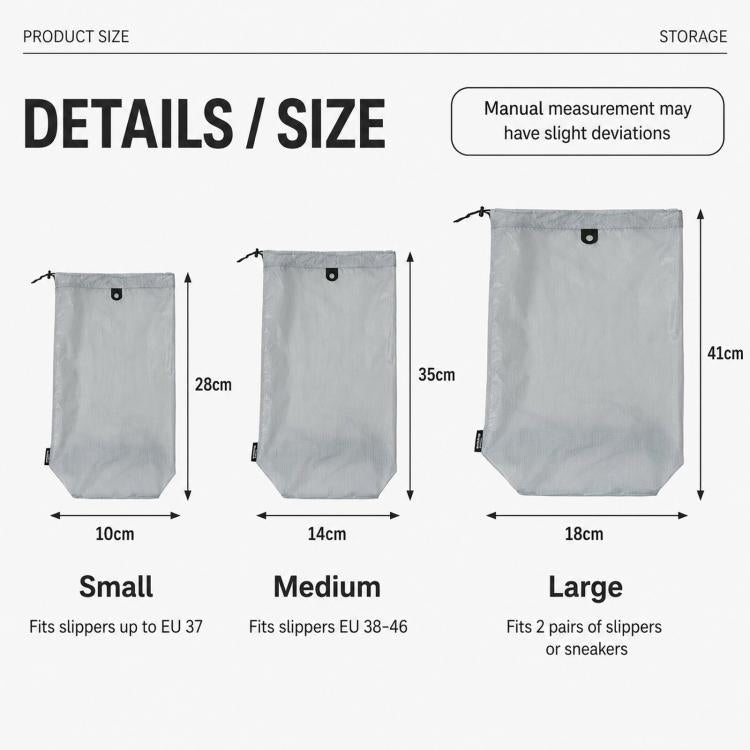 Grey silicone-coated nylon travel shoe bag with size labels: Small, Medium, Large