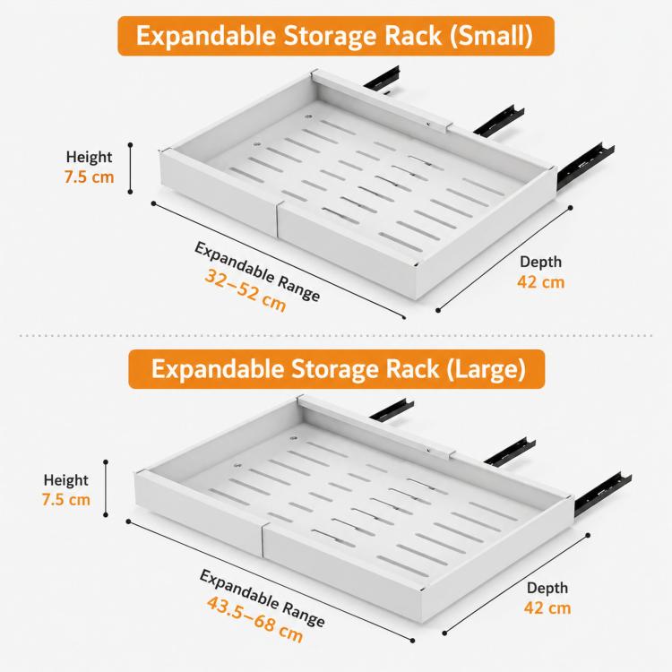 White expandable under-sink storage rack with vented base, small and large