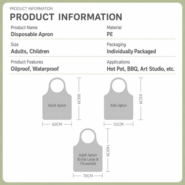 Disposable PE apron set with size diagrams: kids 55x65, adults 60x90 and 70x140