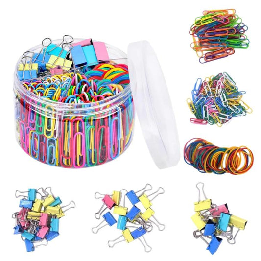 Colorful binder clips set in clear container, assorted sizes for paper documents