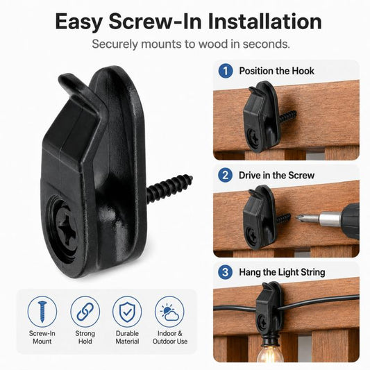 Single black screw-in light hook clip for hanging outdoor string lights