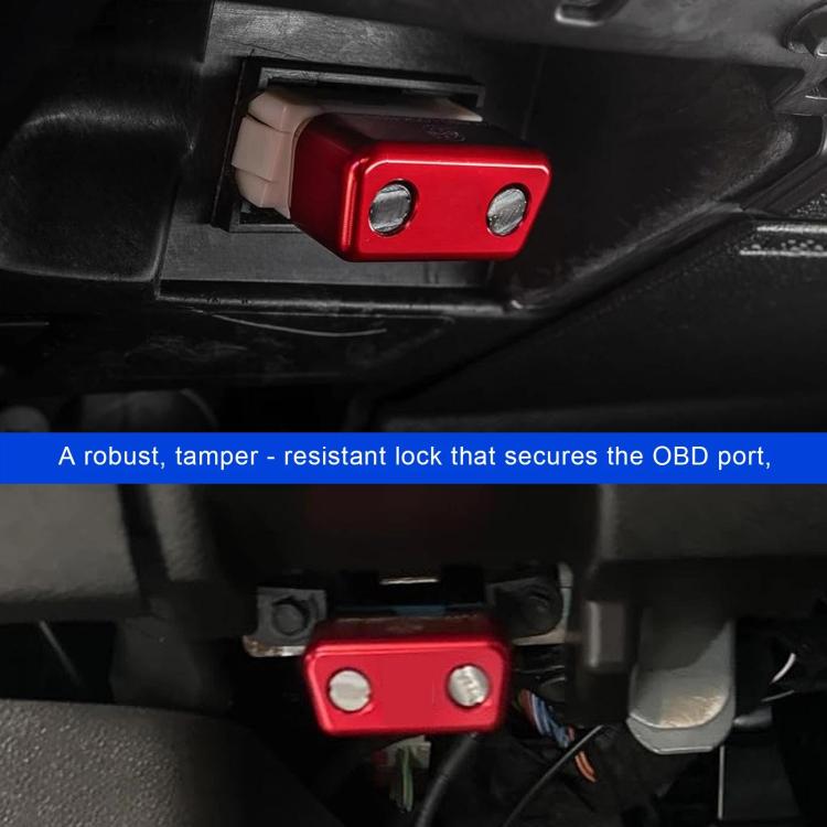 Red OBD port lock fitted in a vehicle panel opening, secured with two screws.