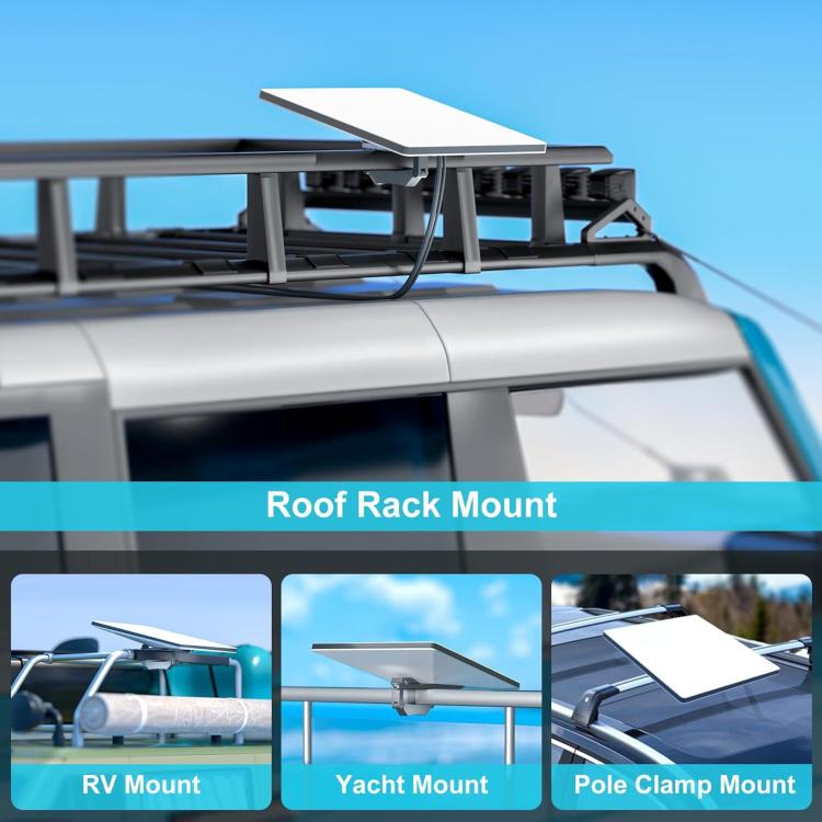 Roof rack mounted clamp bracket holding a device on an RV roof bar