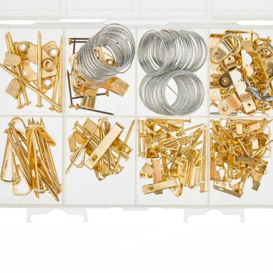 Assorted picture hanging hooks and clips with coiled silver wire in an organizer tray.