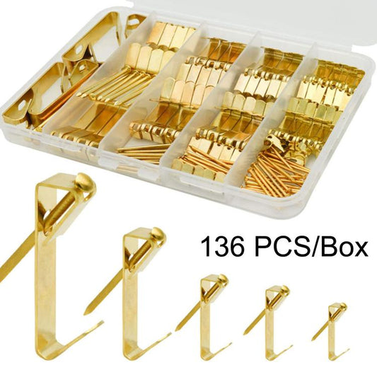 Gold picture frame hanging hooks and nails set in clear organizer, 136 pcs
