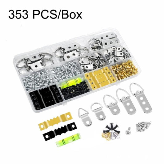 Picture hanging kit: mixed frame hangers, screws, and anchors in clear plastic box