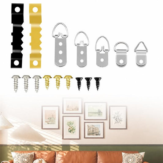 Assorted picture frame hangers and screws: black, gold, and silver pieces