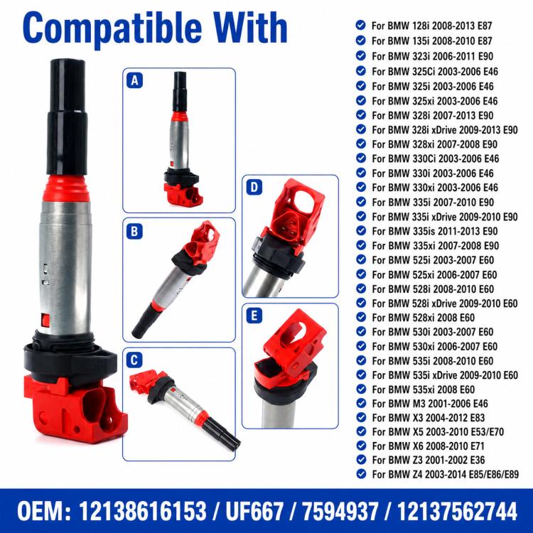Ignition coil compatible part with gray metal body, red connector, and black boot