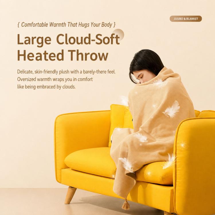 Beige cloud-soft heated throw blanket with oversized wrap drape