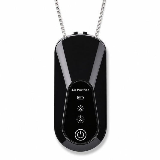 Black neck-hanging personal air purifier pendant with control buttons and hanging chain