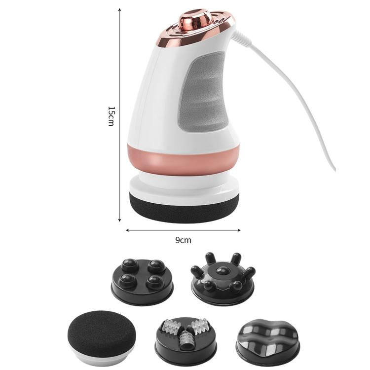 Handheld electric massager with size markings and five attachment heads displayed