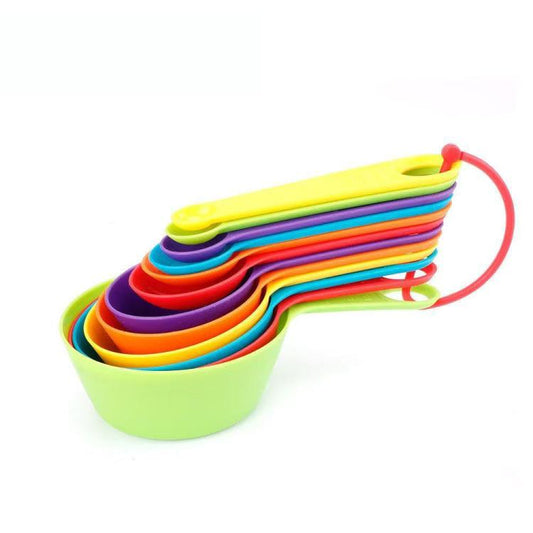 Rainbow plastic nesting measuring cups, stack with hanging ring in multiple colors