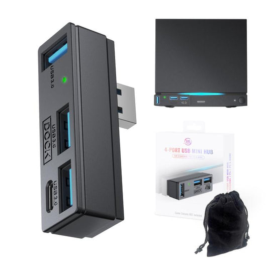 Black 4-port USB 3.0 mini hub with 3 USB-A and 1 USB-C ports, plus storage pouch.