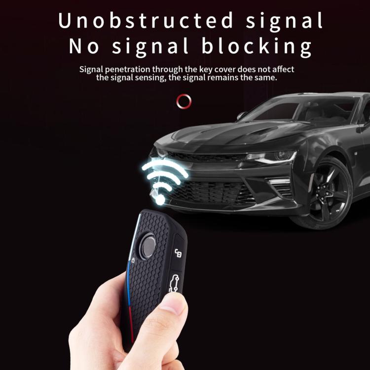 Black silicone key cover with honeycomb texture and key fob buttons, blue/red stripe