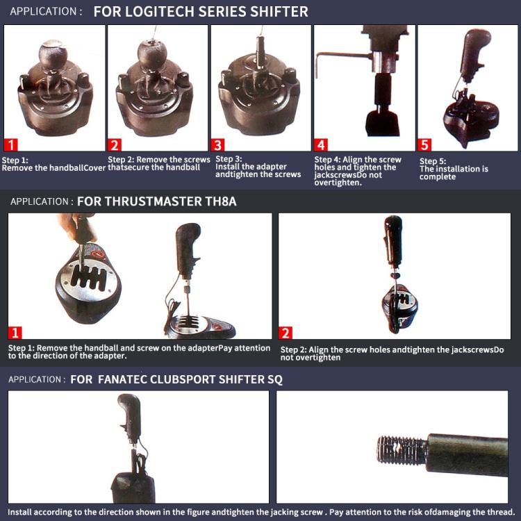 Gear shift knob installation steps shown with adapter and screw alignment