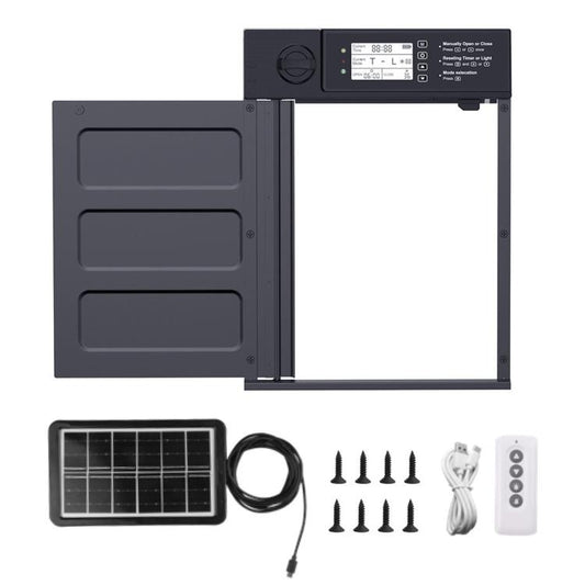 Solar chicken coop door kit with solar panel, remote, wires and mounting screws