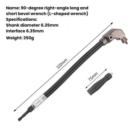 90-degree right-angle drill adapter with long flexible shaft and angled metal head