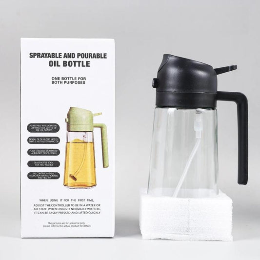 Dark black sprayer oil bottle with handle and clear glass body for cooking oil mist