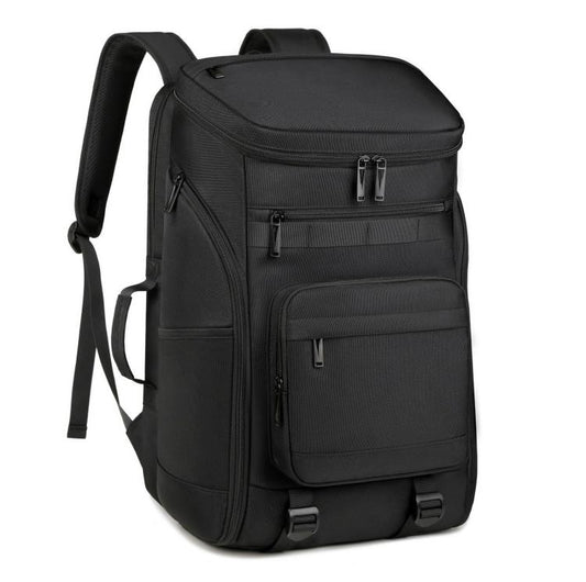 Black sports gym backpack with front zip pockets and side buckle straps
