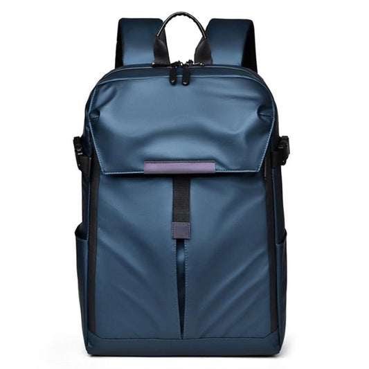 Blue sports travel backpack with front flap pocket and padded vertical laptop-style divider