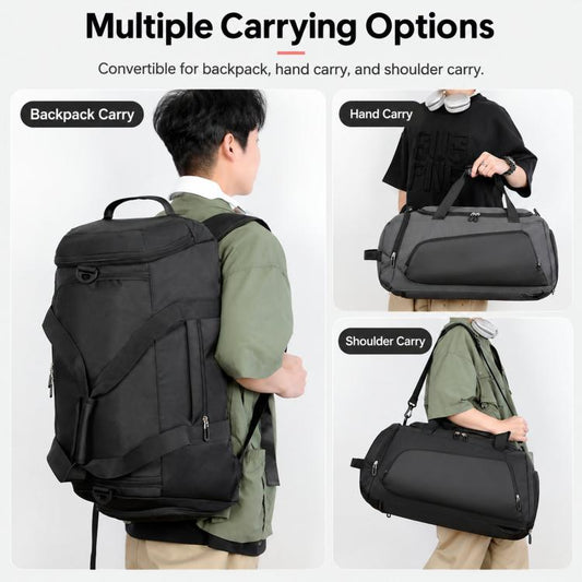 Black convertible duffel backpack with multiple carry positions and adjustable straps