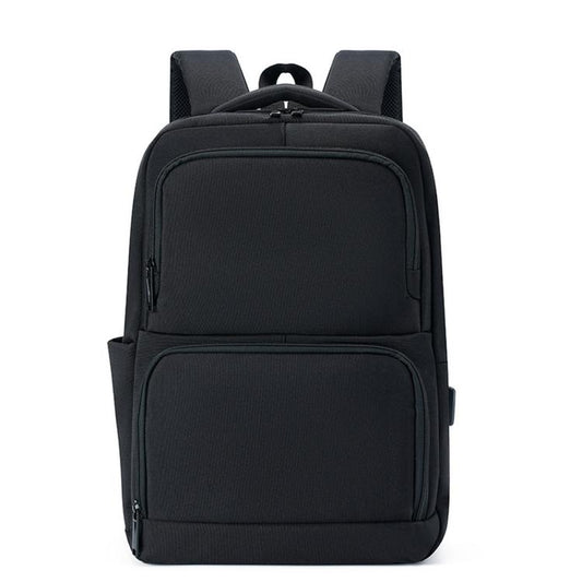 Black men’s business laptop backpack with front zip pocket and top handle