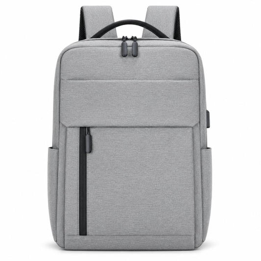 Light gray laptop backpack with padded front panel and zippered front pocket