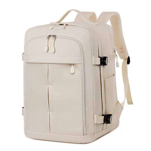 Beige travel backpack with front zip pocket, top handle, and adjustable shoulder straps