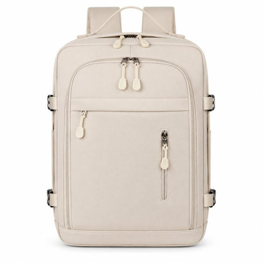 Beige travel backpack with front zip pockets, side straps, and top handle