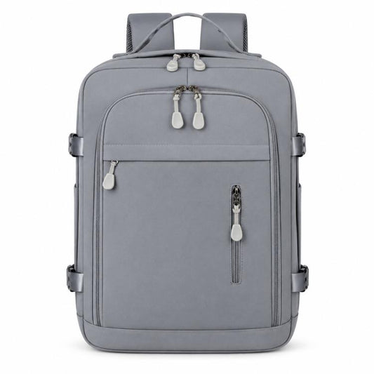 Gray travel backpack with front zip pockets, side straps, and top carry handle