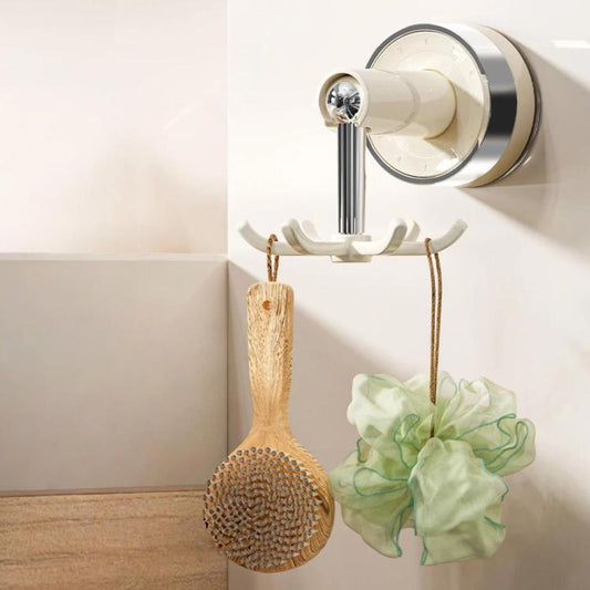 Rotating suction-cup hook wall mount with three extended hooks for kitchen utensils