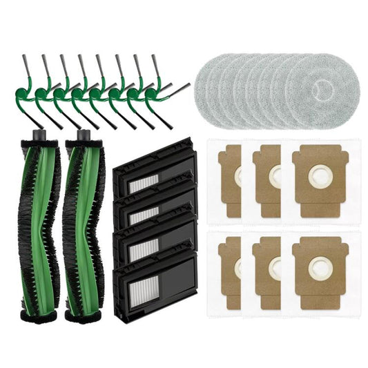 Replacement accessory kit with side brushes, roller brush parts, gray mop roll, and dust bags