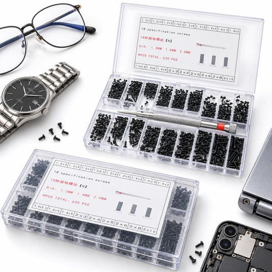 Clear organizer box of black micro Phillips screws with a metal screwdriver