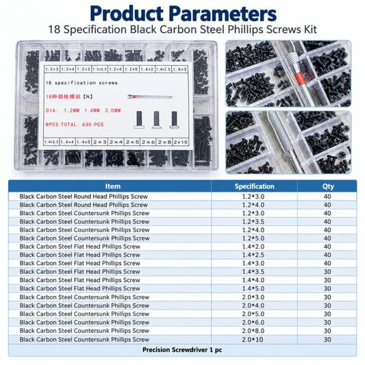 Micro Phillips screw kit package with product parameters chart and screw compartments